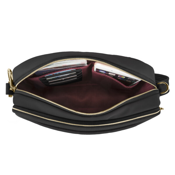 Hoofdvak van de Travelon Addison S crossbody tas in zwart met pasjes en telefoon