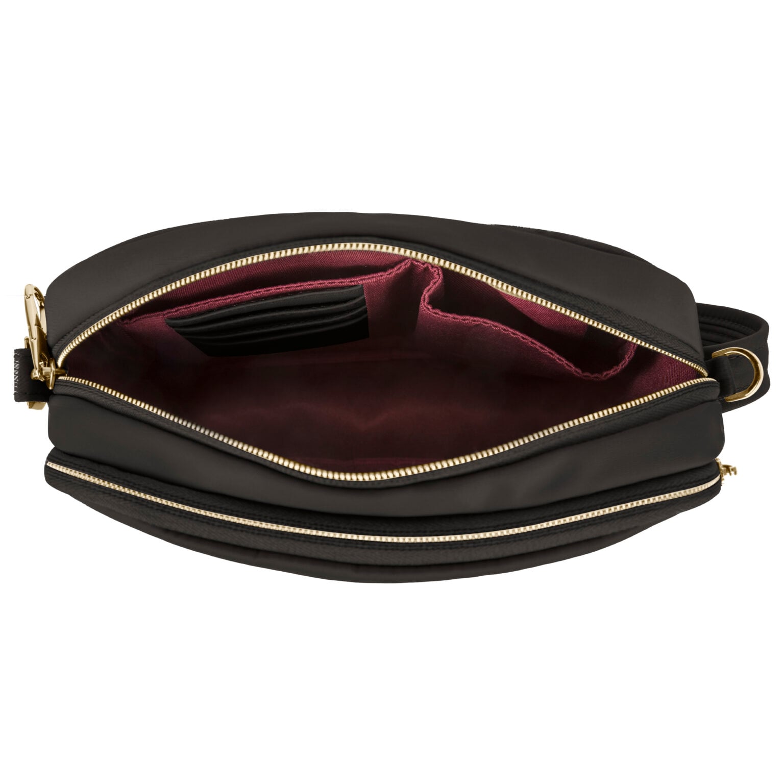 Open bovenkant van de Travelon Addison S crossbody tas in zwart met de bordeauxrode voering