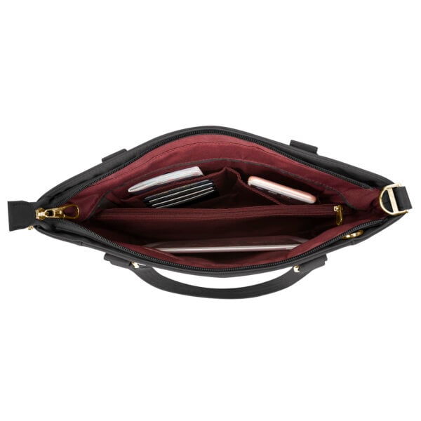 Hoofdvak van de Travelon Addison tote in zwart met pasjes, pennen en telefoon