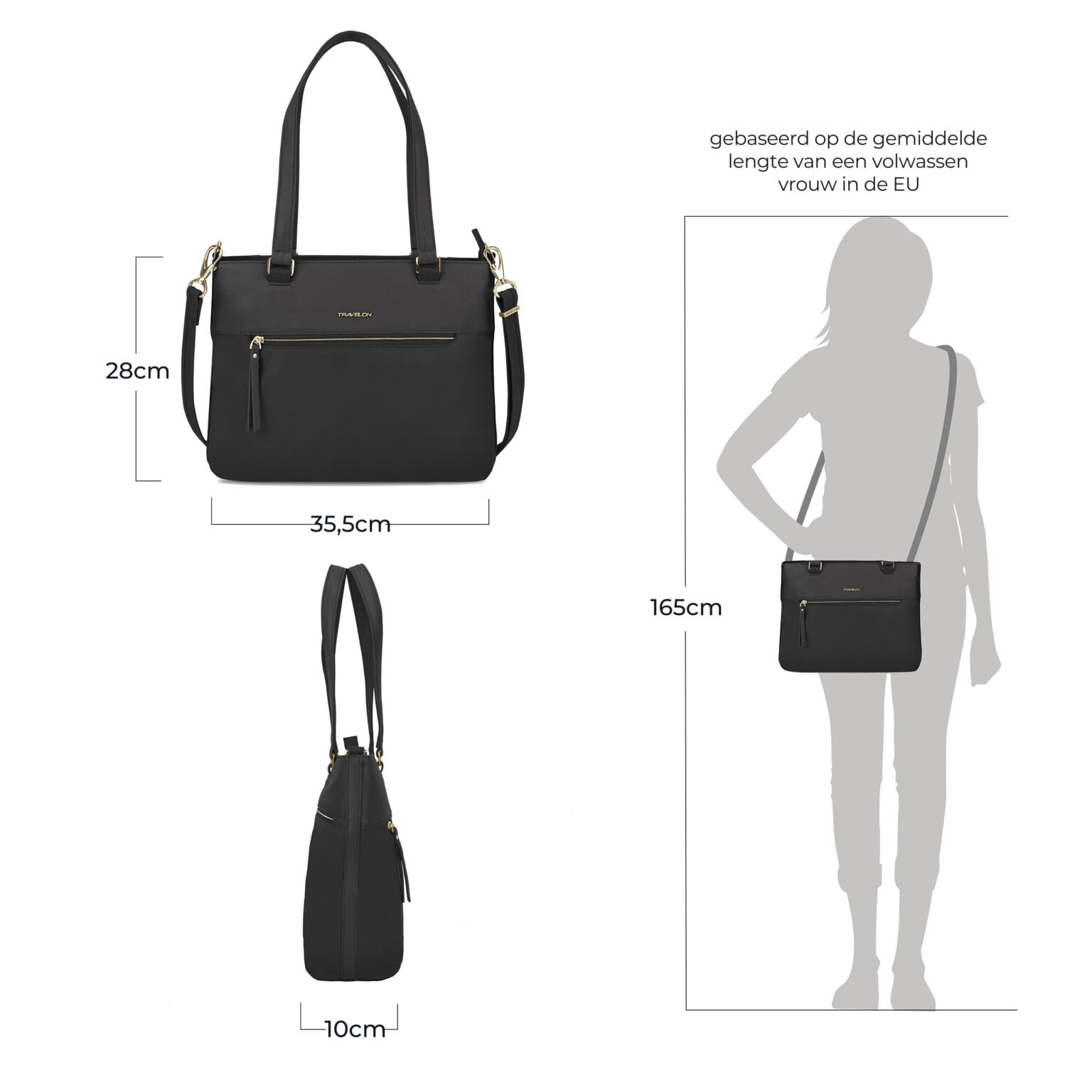 Maattekening van de Travelon Addison tote in zwart met de afmetingen in centimeters
