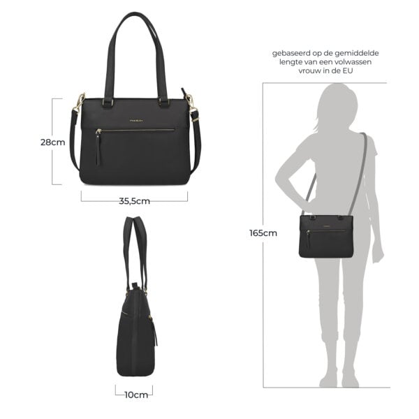 Maattekening van de Travelon Addison tote in zwart met de afmetingen in centimeters