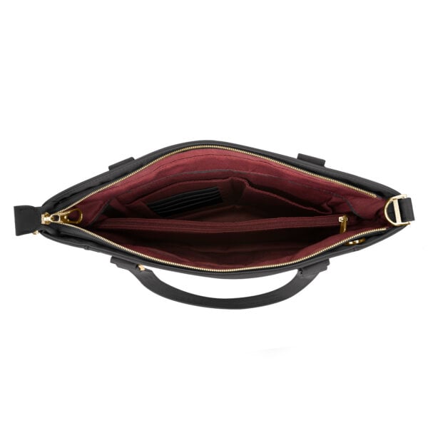 Open bovenkant van de Travelon Addison tote in zwart met de bordeauxrode voering