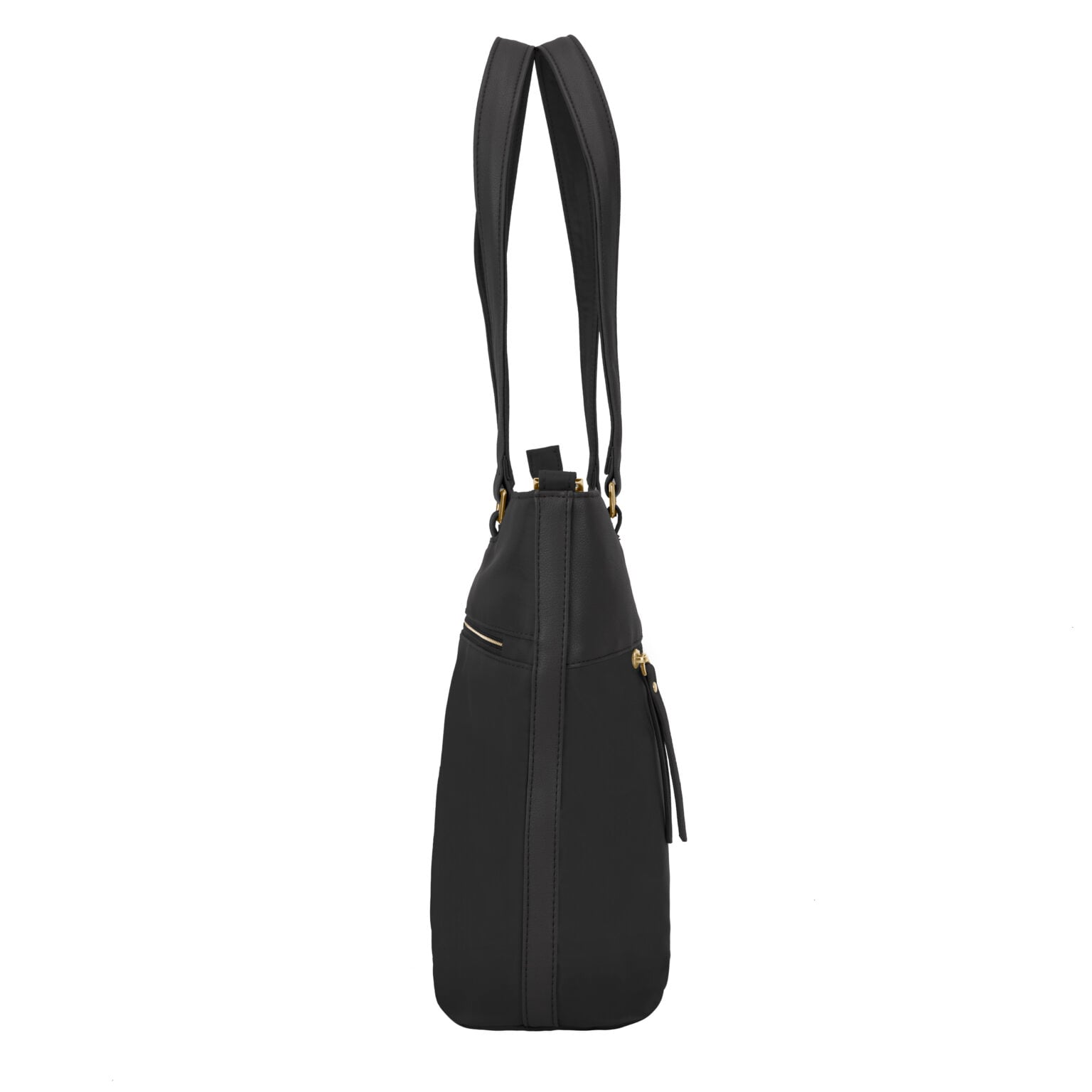 Zijkant van de Travelon Addison tote in zwart