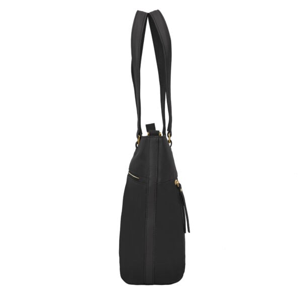 Zijkant van de Travelon Addison tote in zwart