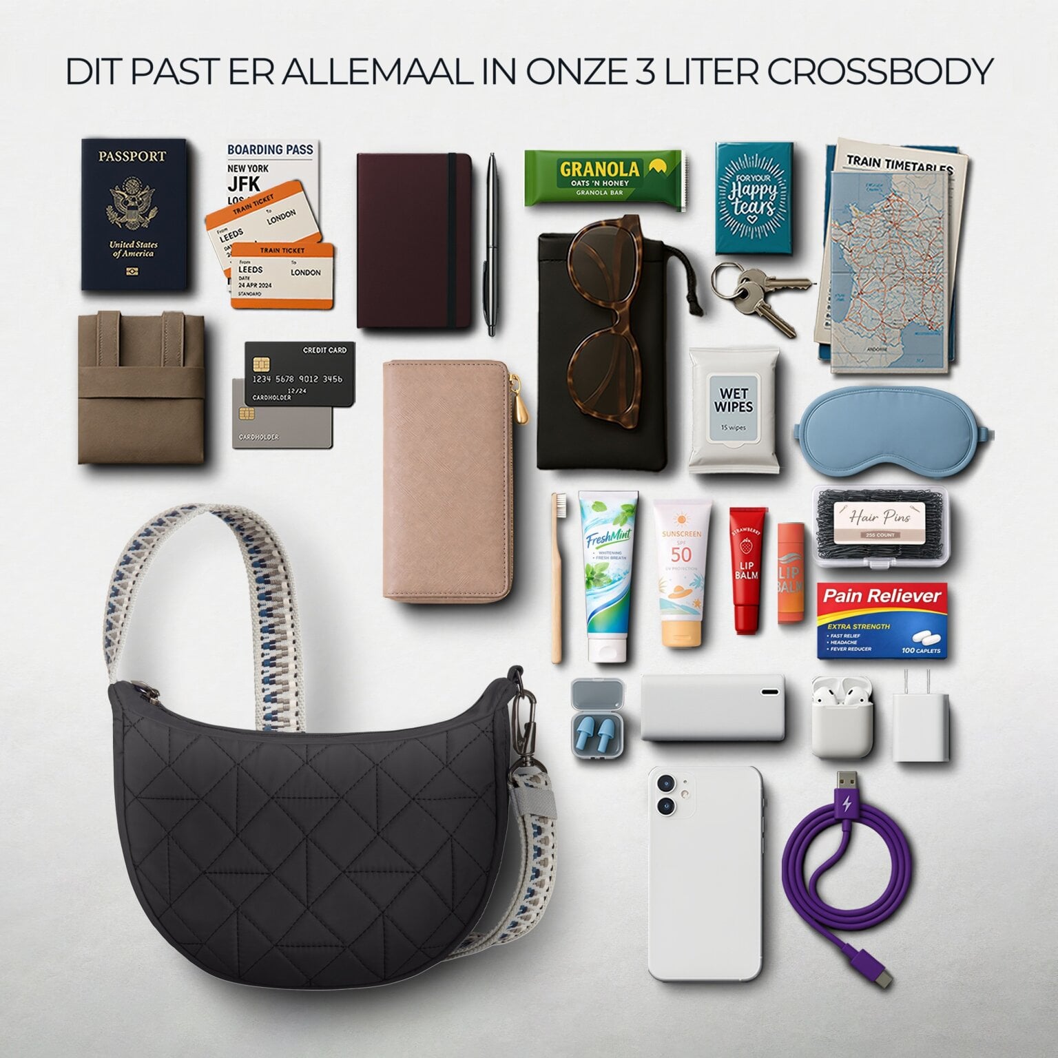 Overzicht van alles wat in de Travelon Boho Crescent crossbody in zwart past