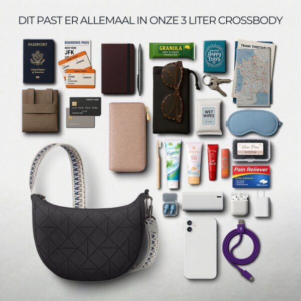 Overzicht van alles wat in de Travelon Boho Crescent crossbody in zwart past