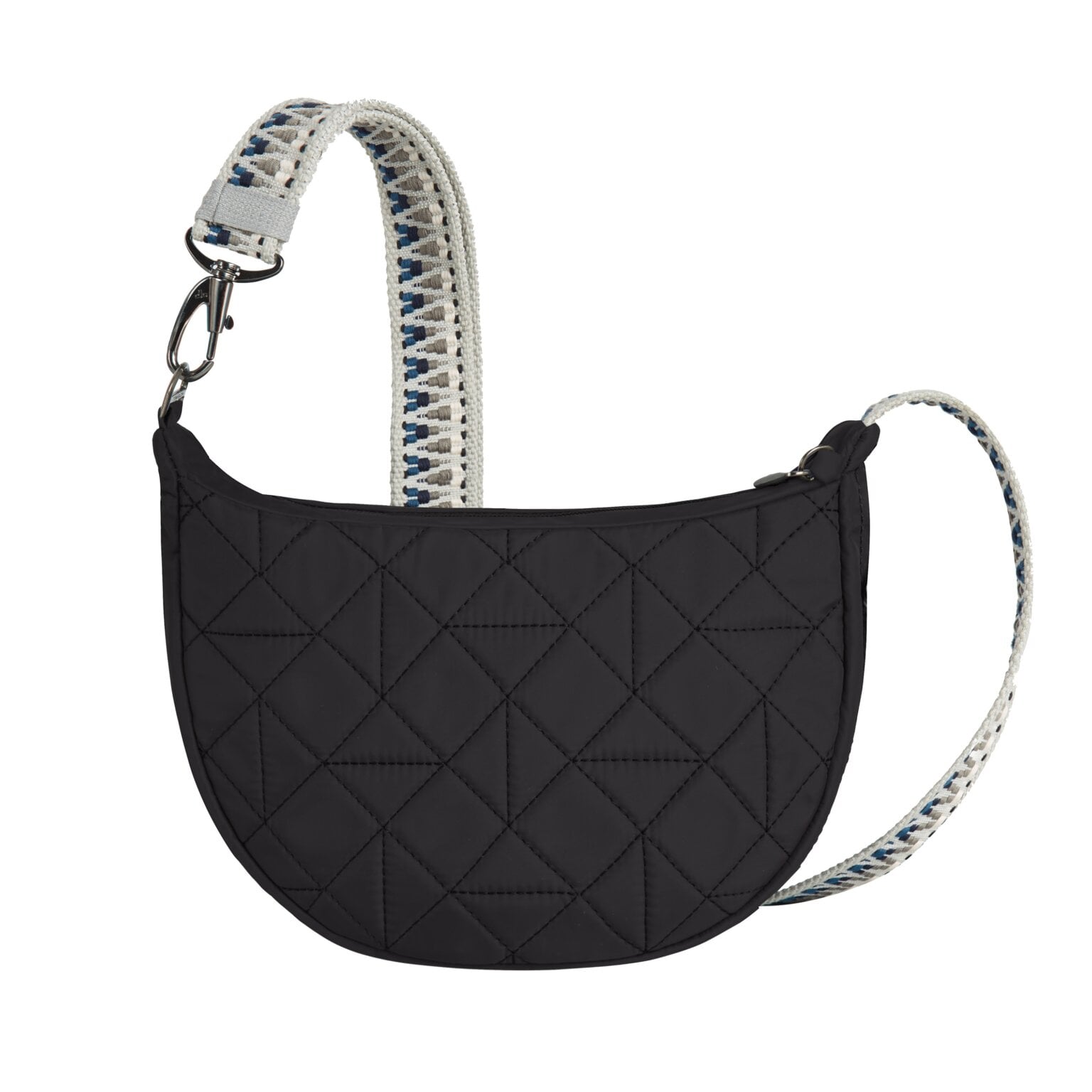 Achterkant van de Travelon Boho Crescent crossbody in zwart