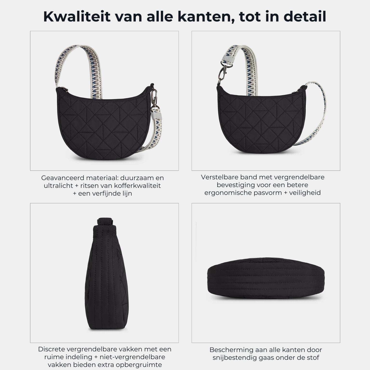 Kwaliteit en details van de Travelon Boho Crescent crossbody in zwart van alle kanten