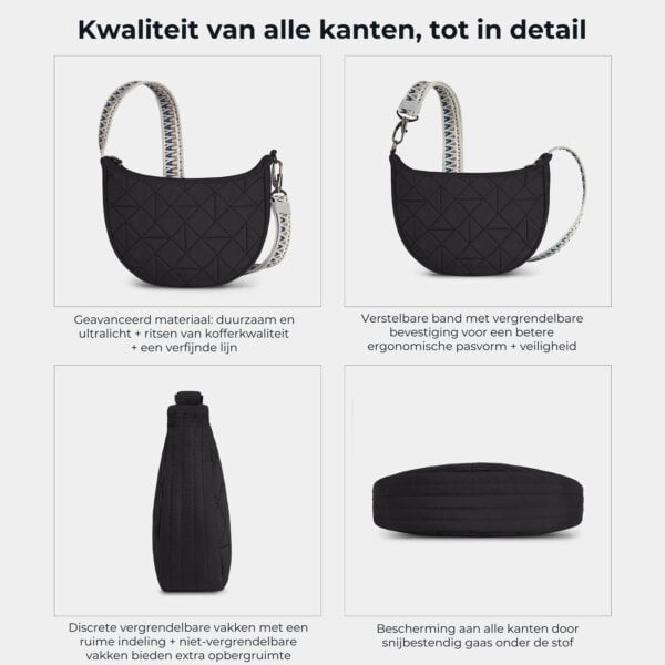 Kwaliteit en details van de Travelon Boho Crescent crossbody in zwart van alle kanten