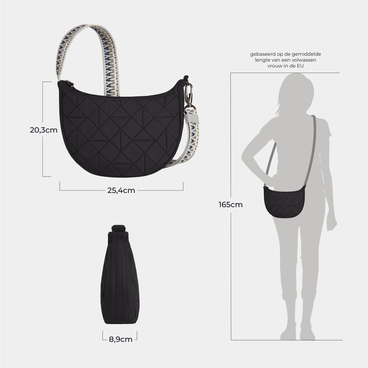 Maattekening van de Travelon Boho Crescent crossbody in zwart met de afmetingen in centimeters