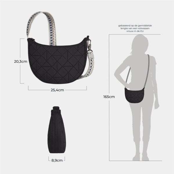 Maattekening van de Travelon Boho Crescent crossbody in zwart met de afmetingen in centimeters