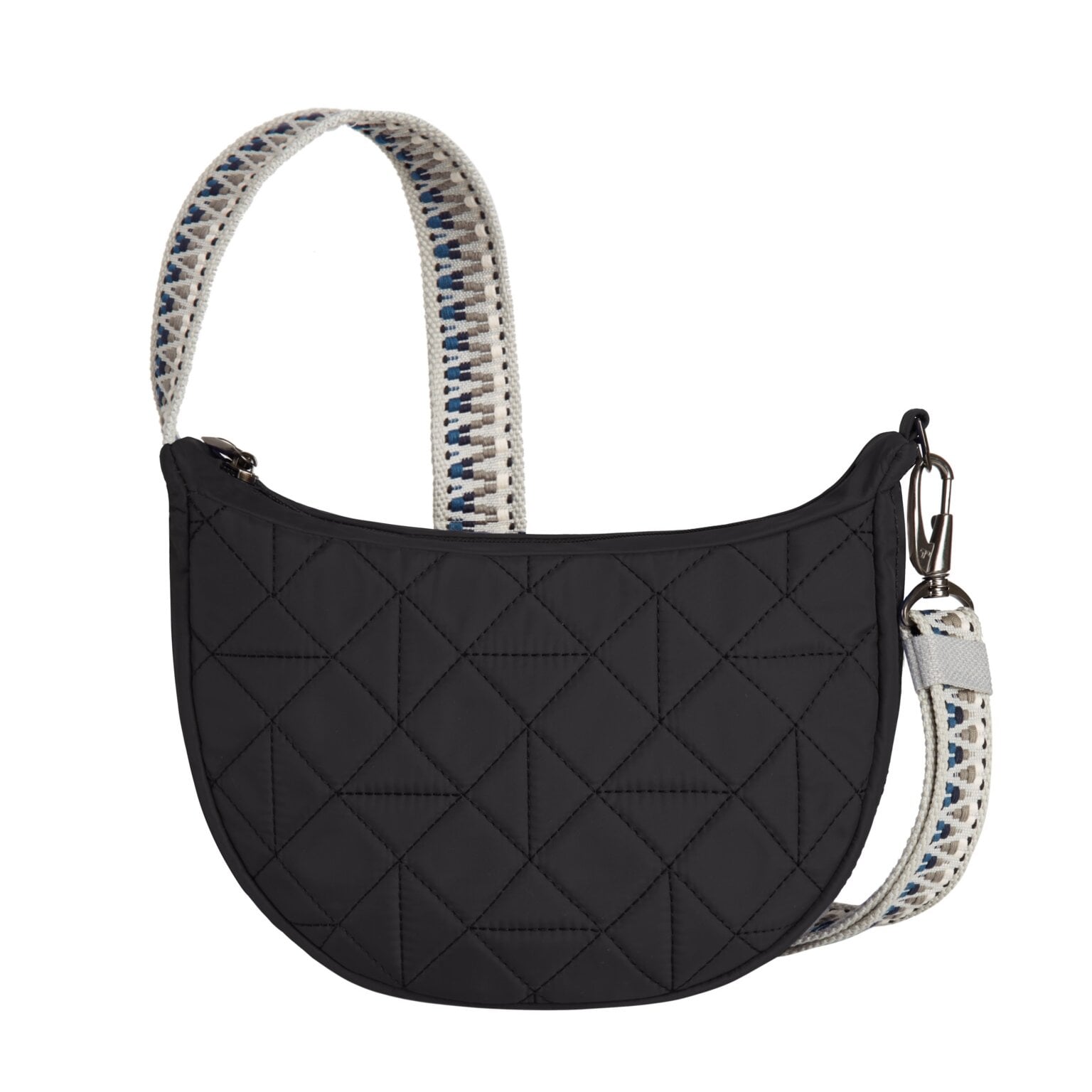 Vooraanzicht van de Travelon Boho Crescent crossbody in zwart