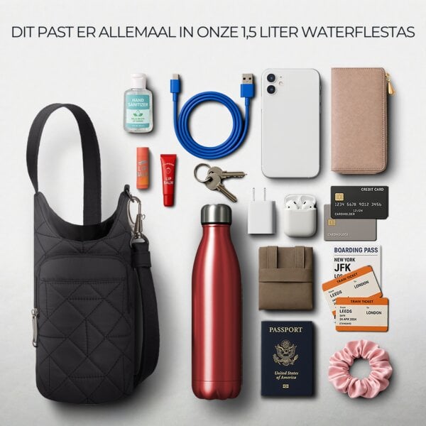 Overzicht van alles wat in de Travelon Boho waterflestas in zwart past