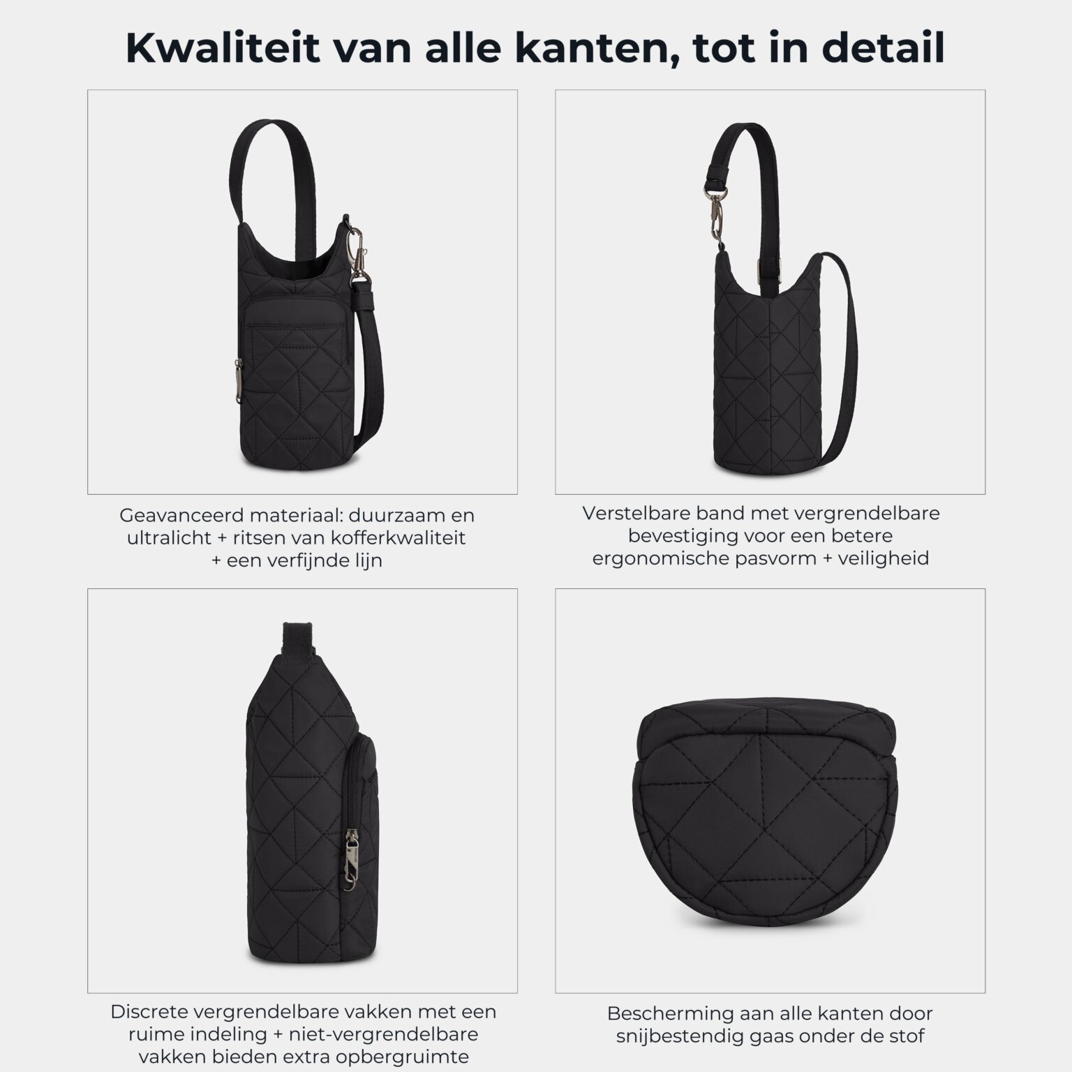 Kwaliteit en details van de Travelon Boho waterflestas in zwart van alle kanten