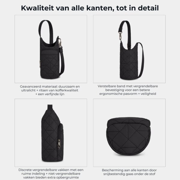 Kwaliteit en details van de Travelon Boho waterflestas in zwart van alle kanten
