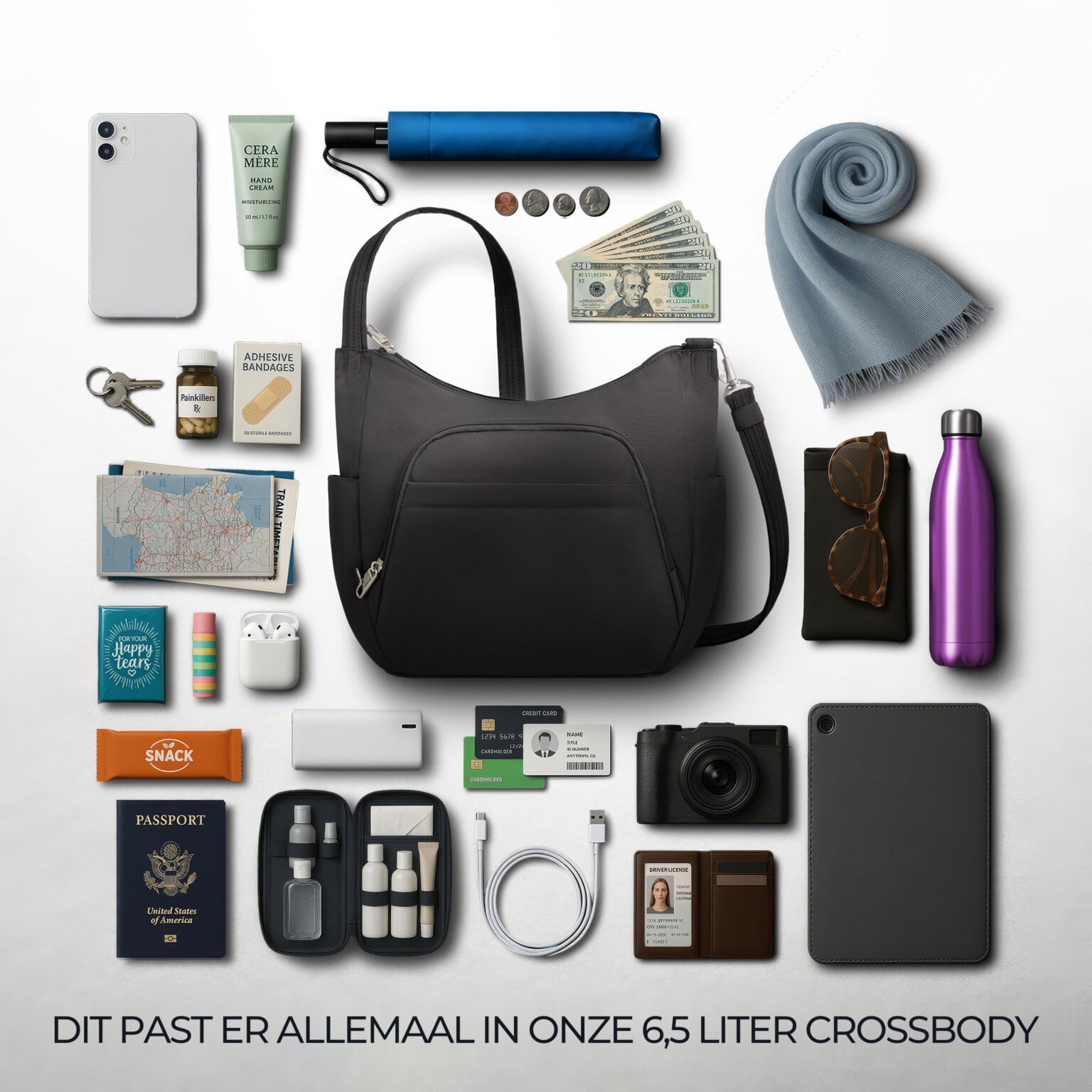 Overzicht van alles wat in de 6,5 liter Travelon Classic bucket bag in zwart past