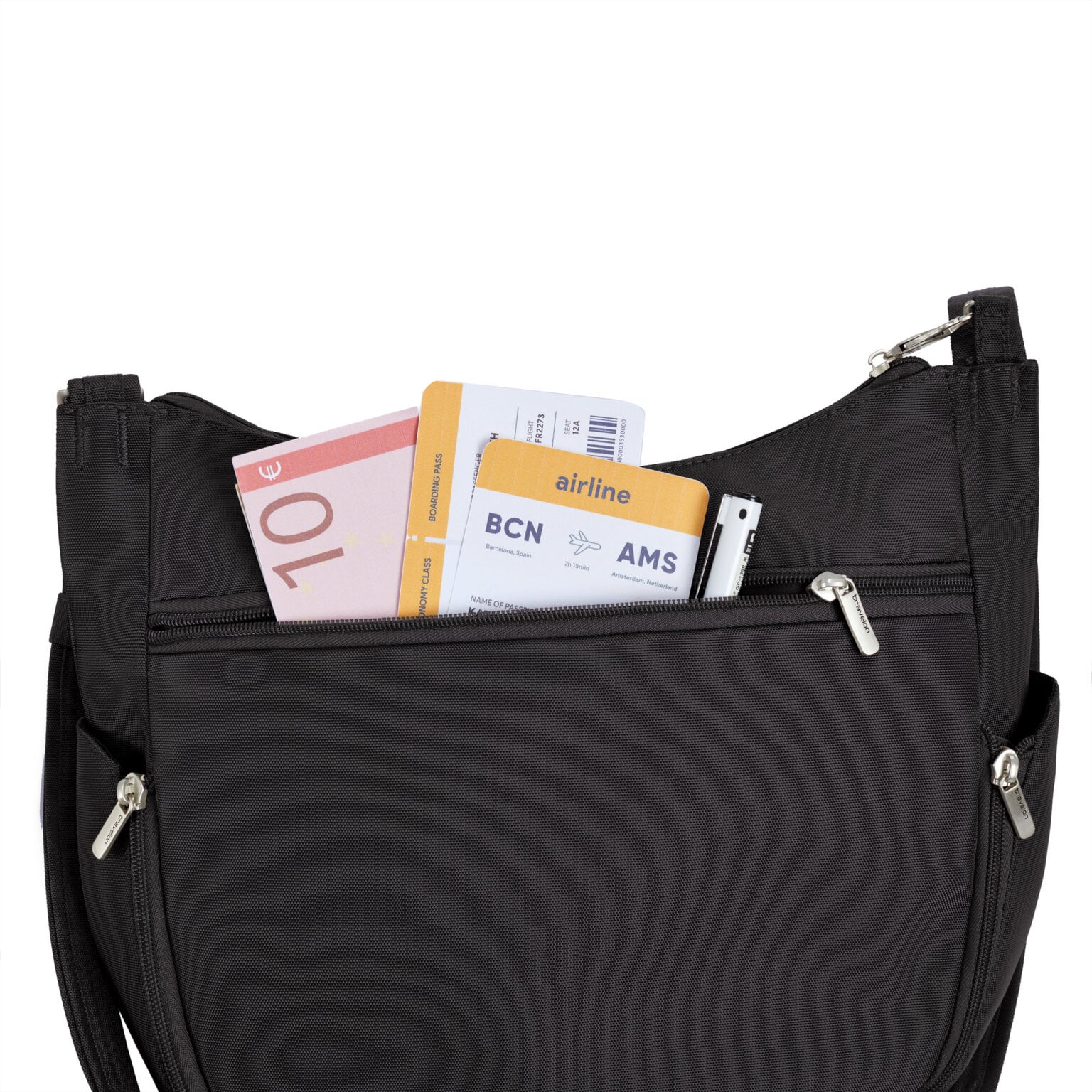 Achtervak van de Travelon Classic bucket bag in zwart met geld en instapkaarten