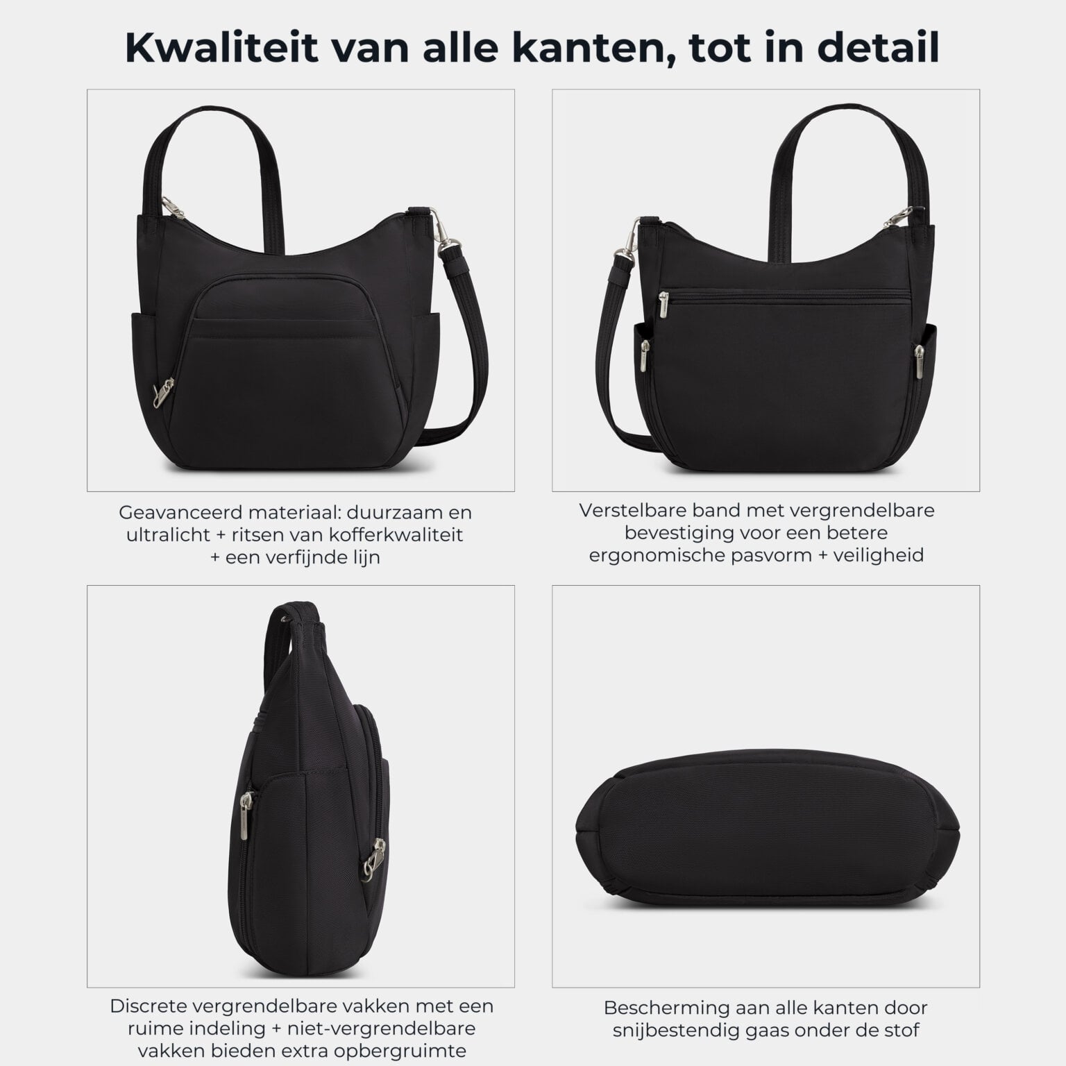 Kwaliteit en details van de Travelon Classic bucket bag in zwart van alle kanten
