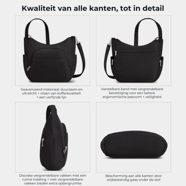 Kwaliteit en details van de Travelon Classic bucket bag in zwart van alle kanten