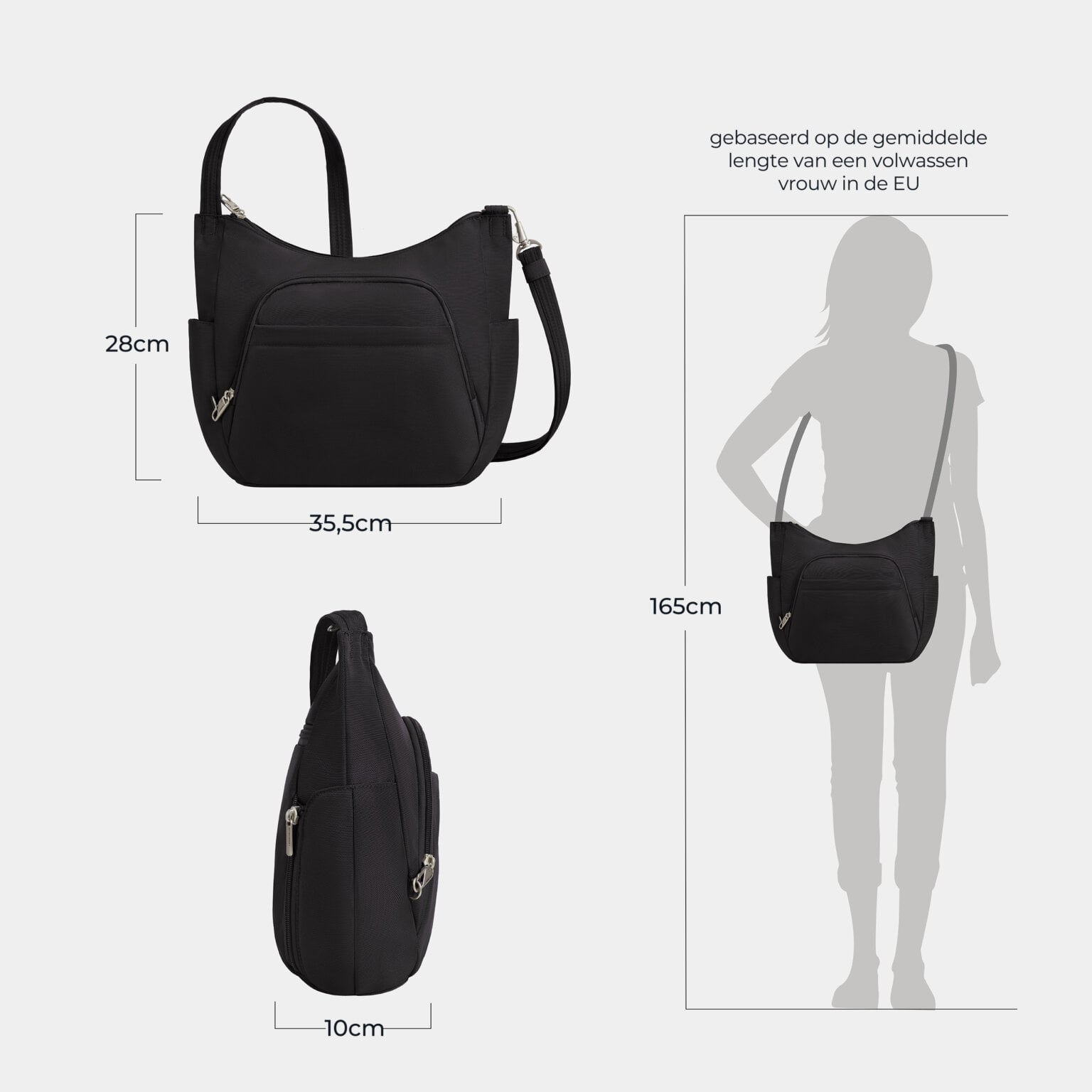 Maattekening van de Travelon Classic bucket bag in zwart met de afmetingen in centimeters