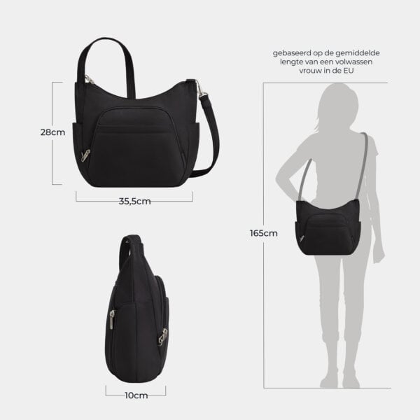 Maattekening van de Travelon Classic bucket bag in zwart met de afmetingen in centimeters