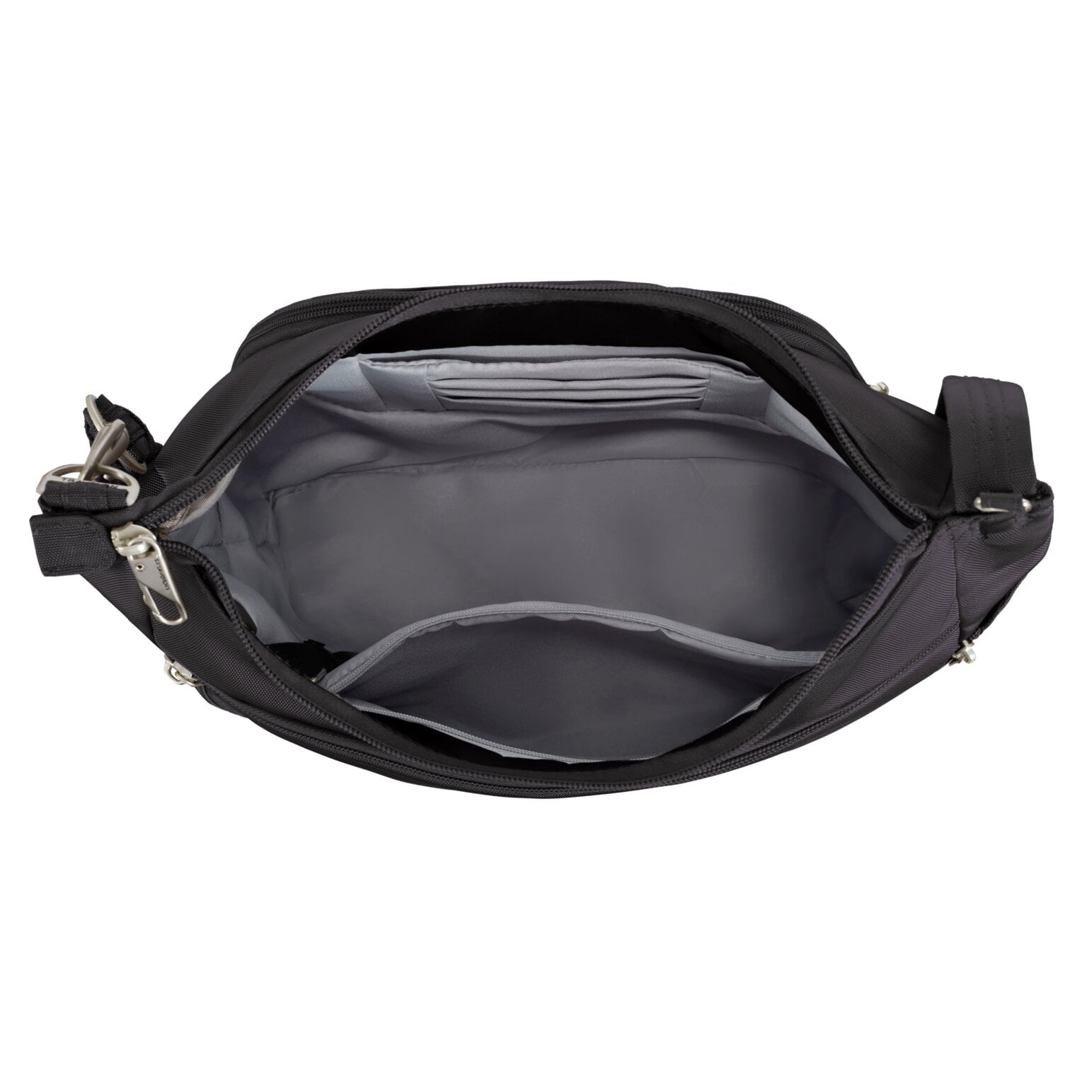 Open bovenkant van de Travelon Classic bucket bag in zwart met de grijze voering