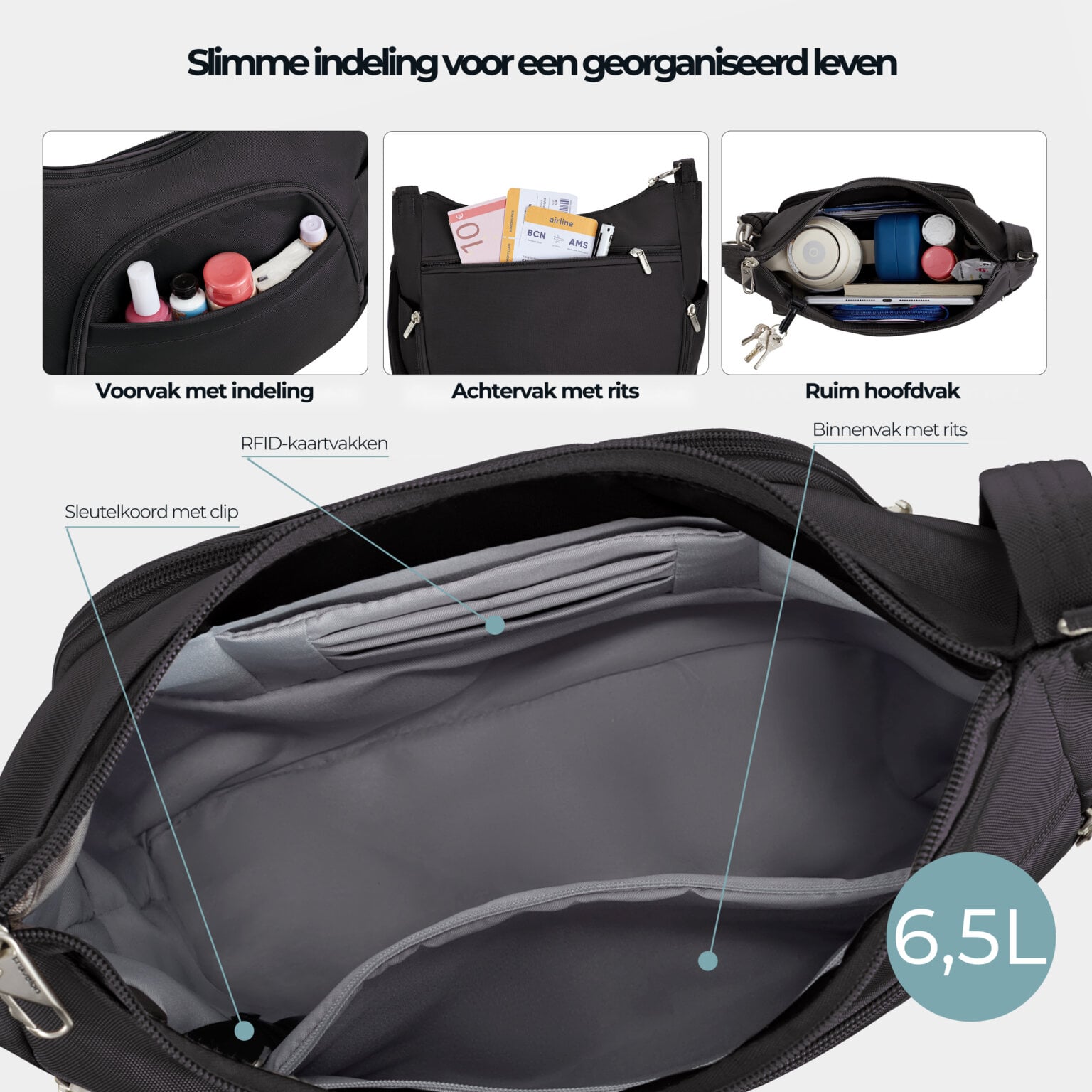 Slimme indeling van de Travelon Classic bucket bag in zwart: voorvak met indeling, achtervak met rits en ruim hoofdvak