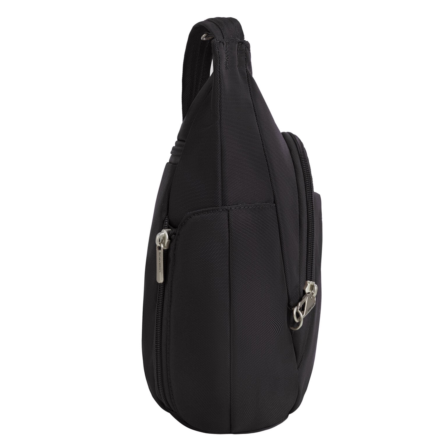Zijkant van de Travelon Classic bucket bag in zwart