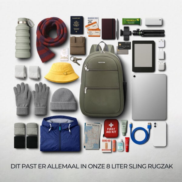 Overzicht van alles wat in de 8 liter Travelon Classic convertible rugzak en sling in olijfgroen past