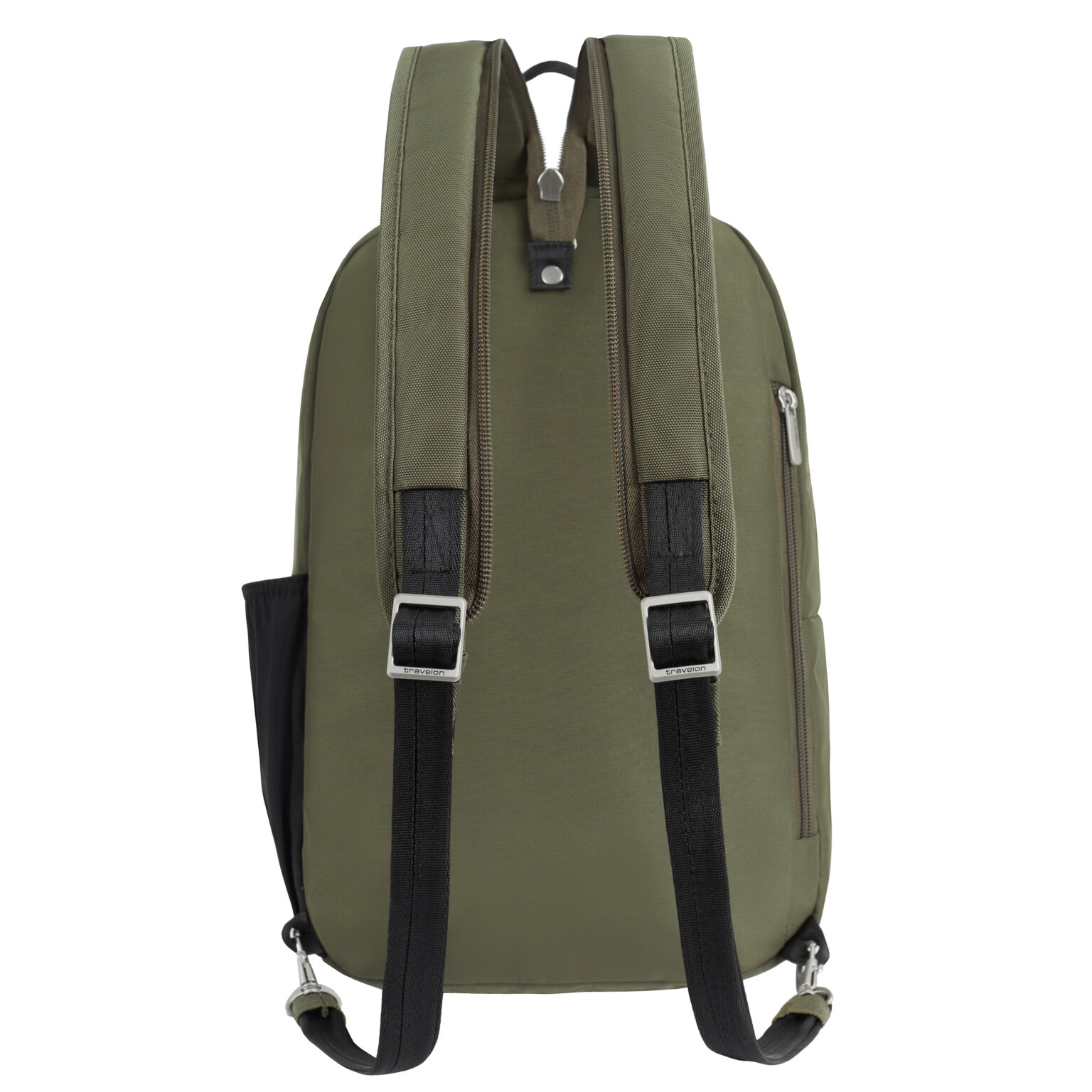Achterkant van de Travelon Classic convertible rugzak en sling in olijfgroen met de rugbanden