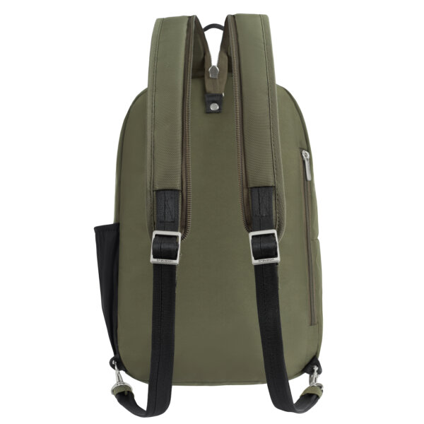 Achterkant van de Travelon Classic convertible rugzak en sling in olijfgroen met de rugbanden