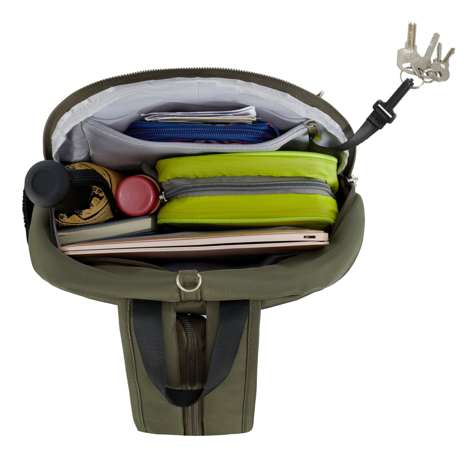 Hoofdvak van de Travelon Classic convertible rugzak en sling in olijfgroen met sleutels, notitieboek en etuis