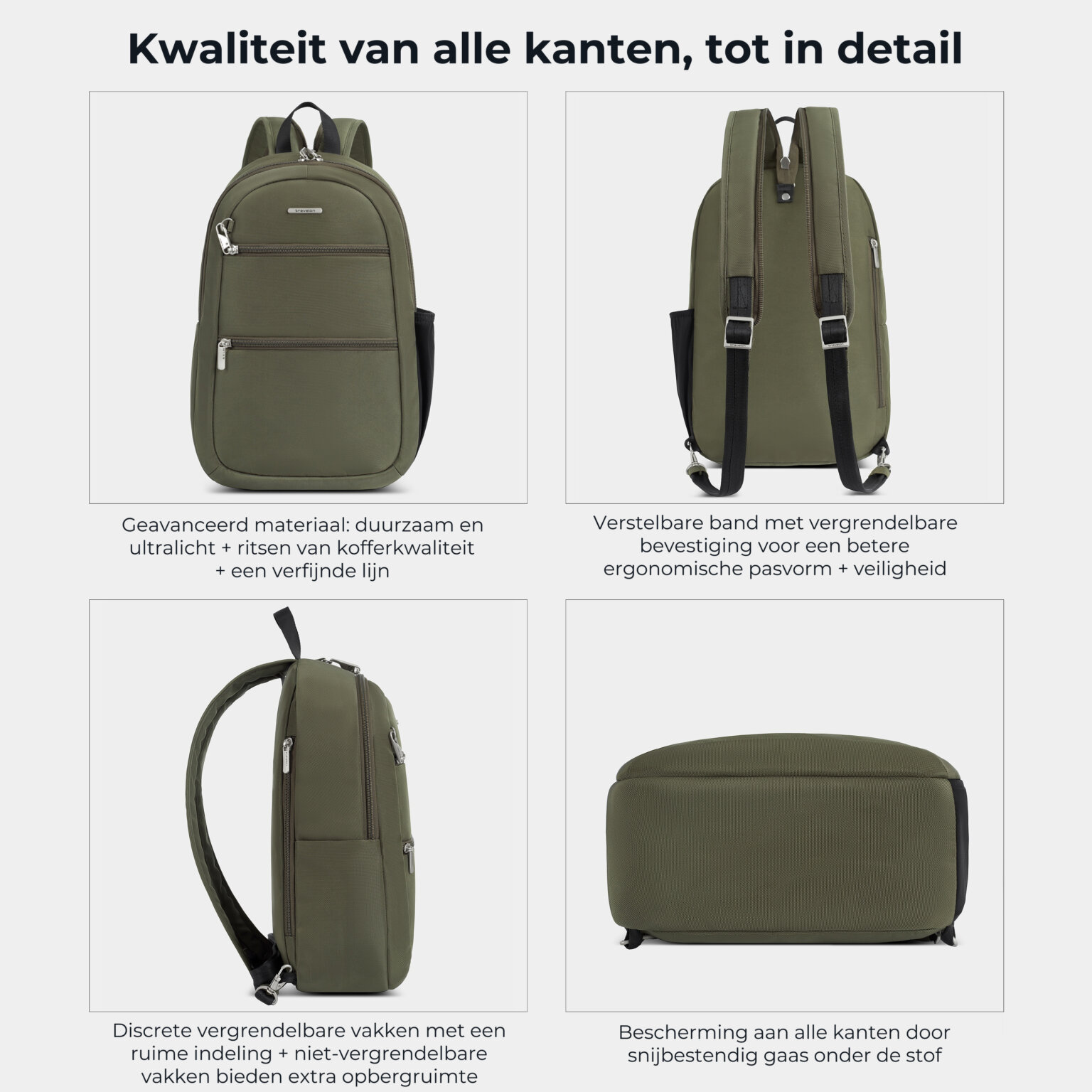 Kwaliteit en details van de Travelon Classic convertible rugzak en sling in olijfgroen van alle kanten