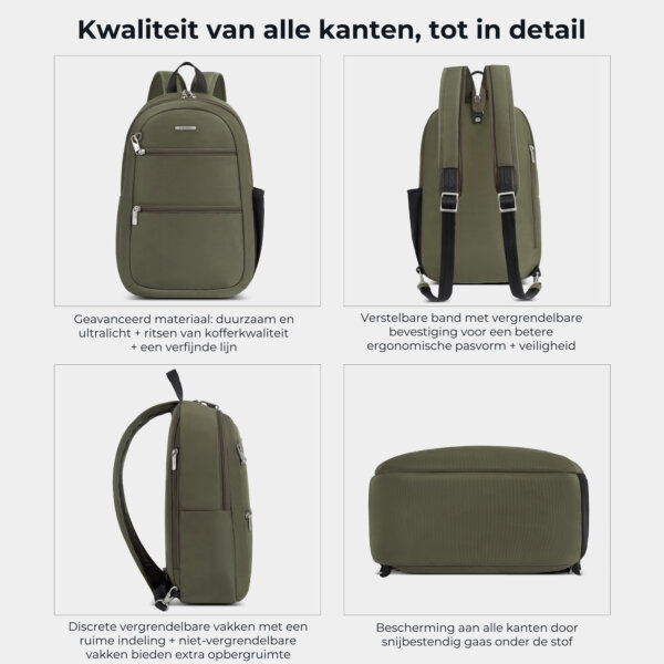 Kwaliteit en details van de Travelon Classic convertible rugzak en sling in olijfgroen van alle kanten