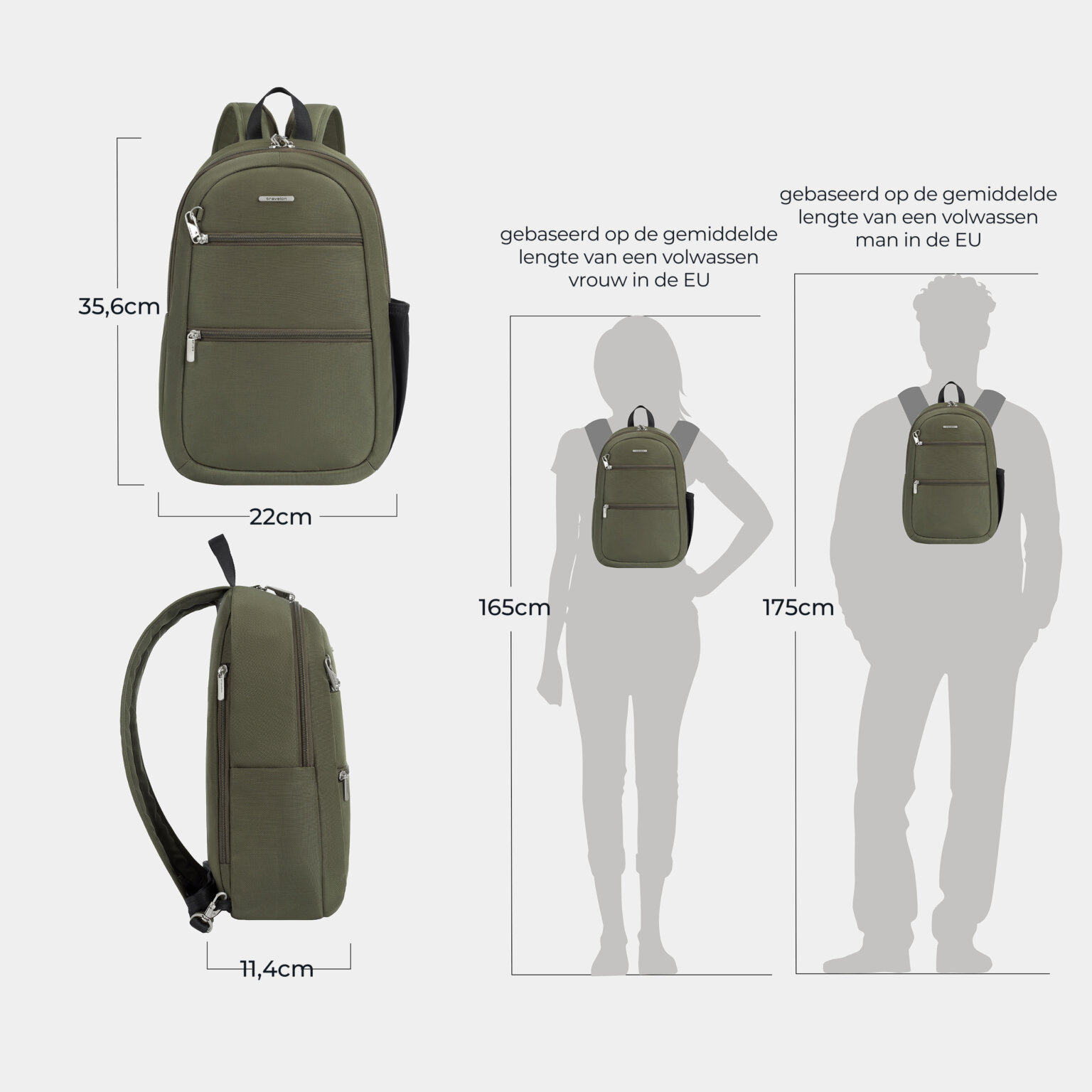 Maattekening van de Travelon Classic convertible rugzak en sling in olijfgroen met de afmetingen in centimeters