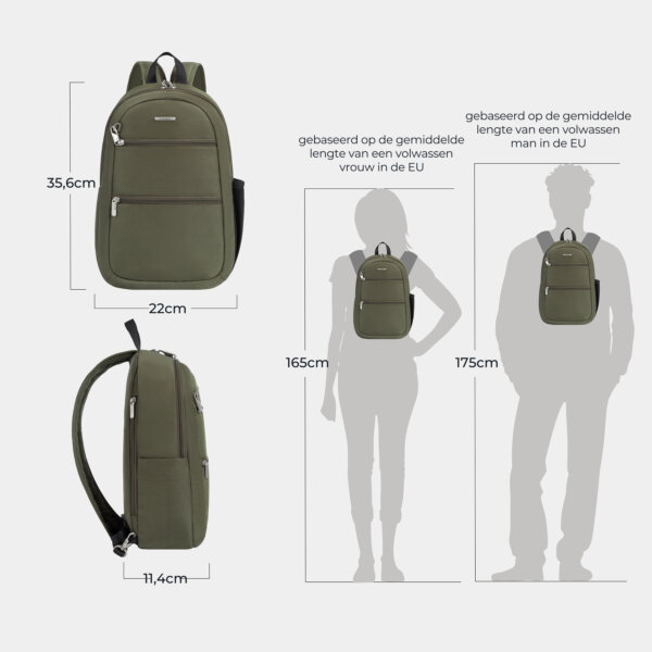 Maattekening van de Travelon Classic convertible rugzak en sling in olijfgroen met de afmetingen in centimeters