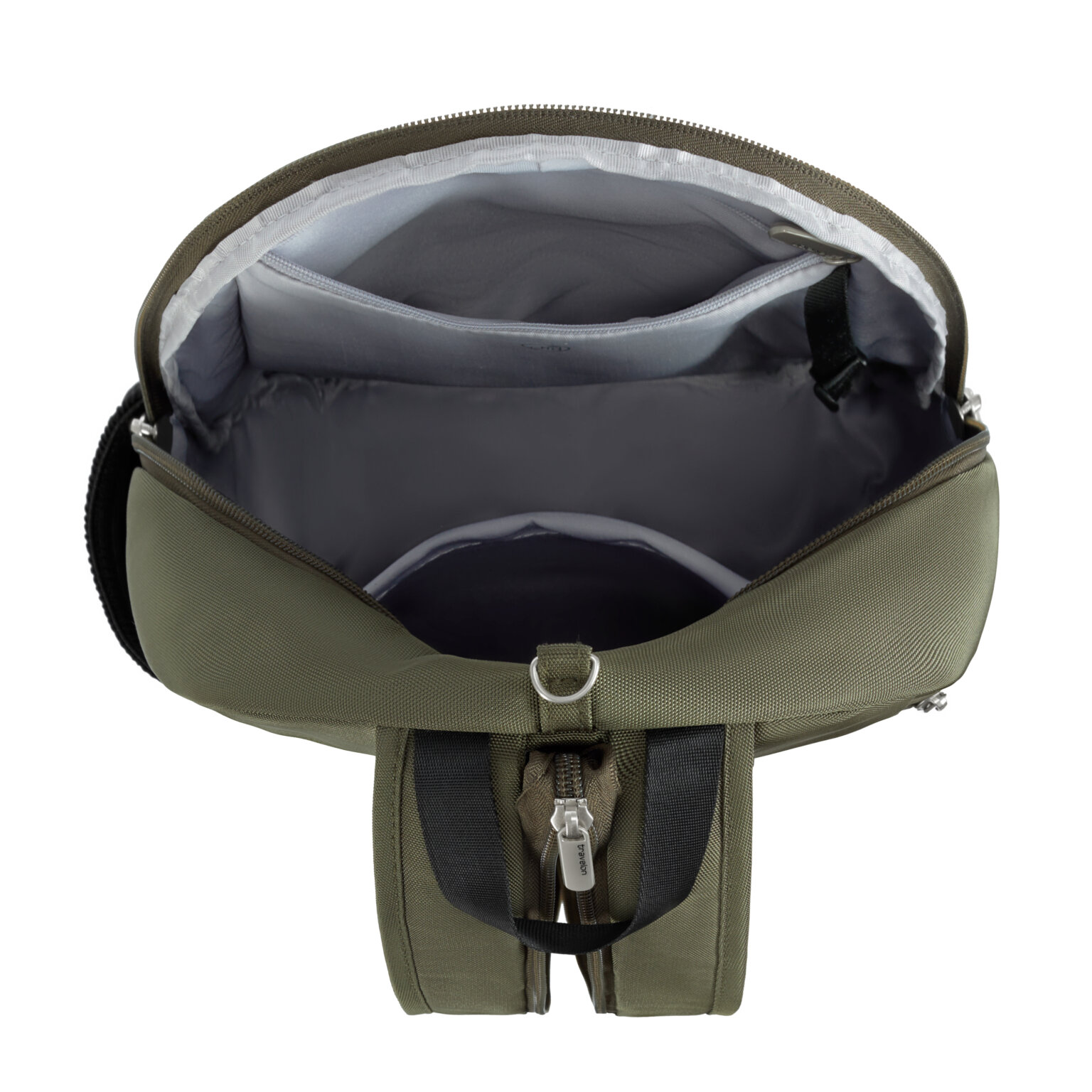 Open hoofdvak van de Travelon Classic convertible rugzak en sling in olijfgroen