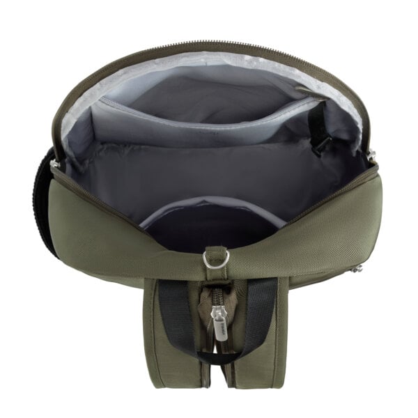 Open hoofdvak van de Travelon Classic convertible rugzak en sling in olijfgroen