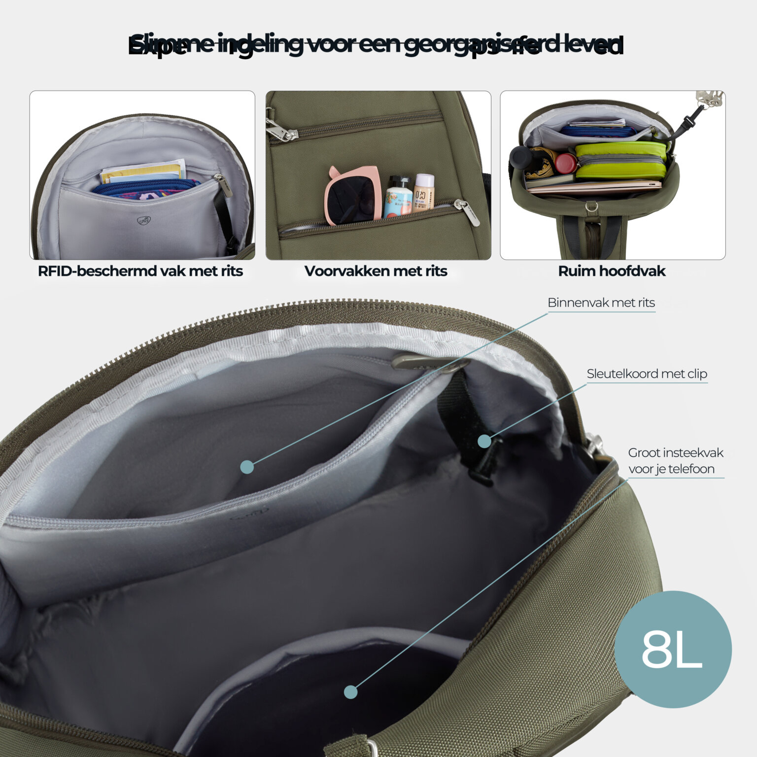 Slimme indeling van de Travelon Classic convertible rugzak en sling in olijfgroen: RFID-beschermd vak met rits, voorvakken met rits en ruim hoofdvak