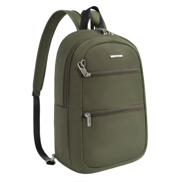 Vooraanzicht van de Travelon Classic convertible rugzak en sling in olijfgroen