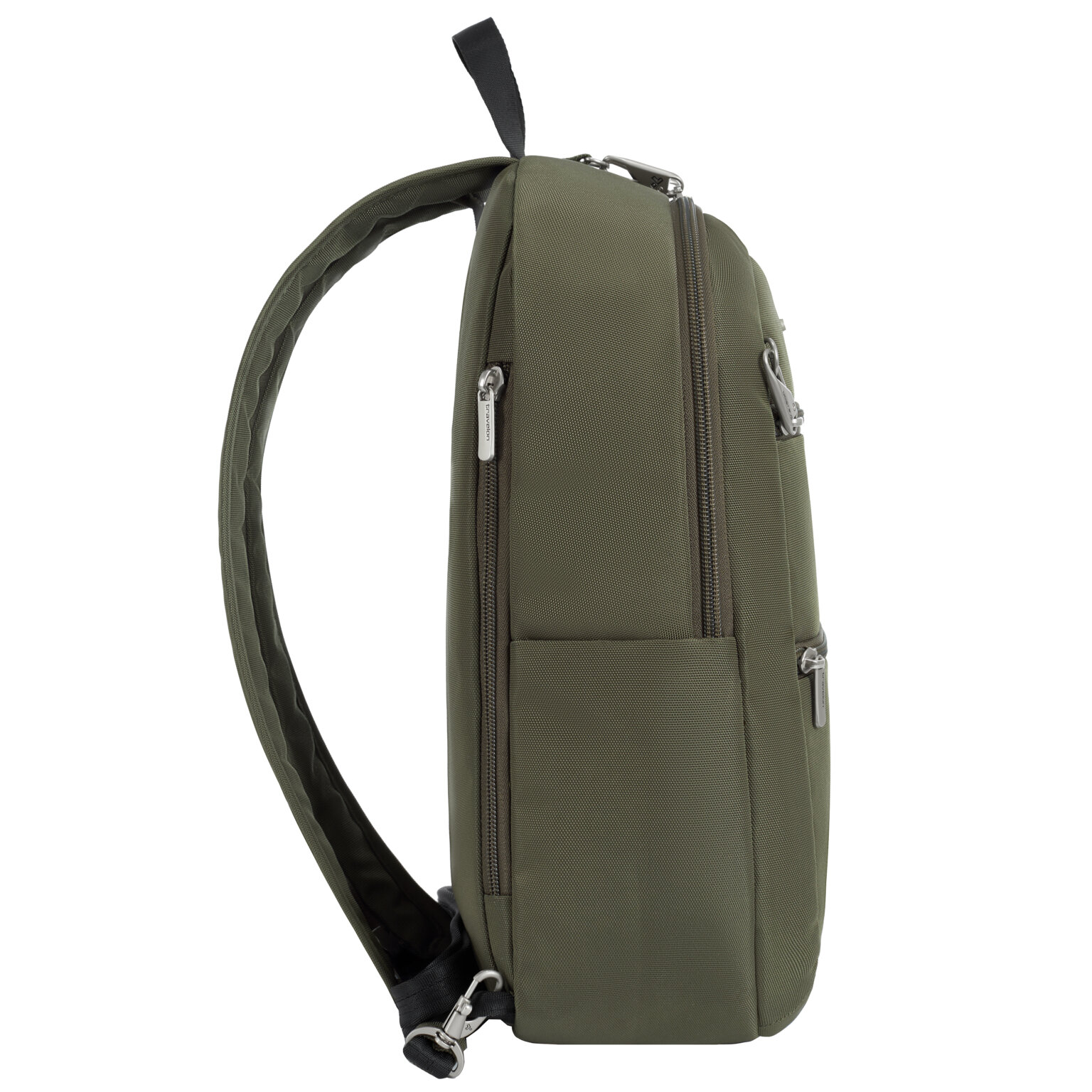 Zijkant van de Travelon Classic convertible rugzak en sling in olijfgroen