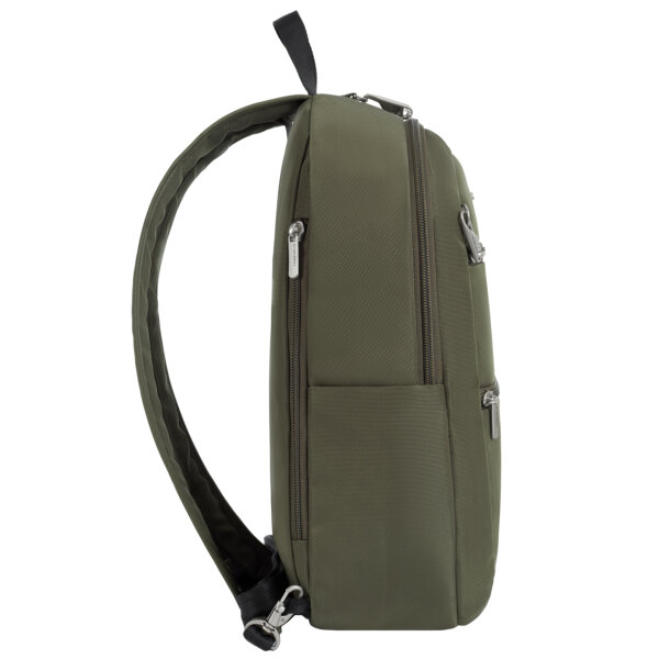 Zijkant van de Travelon Classic convertible rugzak en sling in olijfgroen