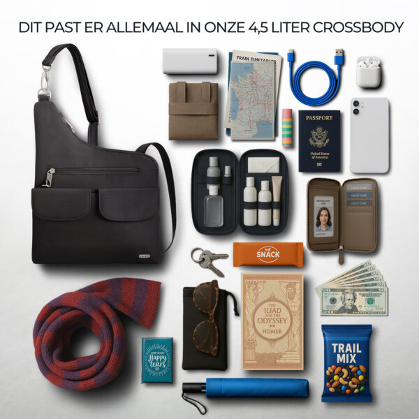 Overzicht van alles wat in de 4,5 liter Travelon Classic grote crossbody tas past