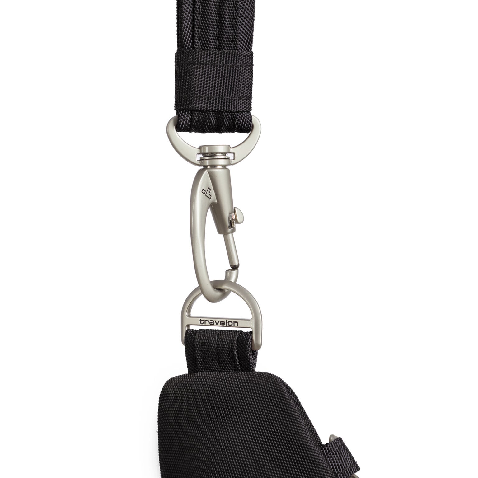 Lockdown-bevestiging van de schouderriem van de Travelon Classic grote crossbody tas in zwart