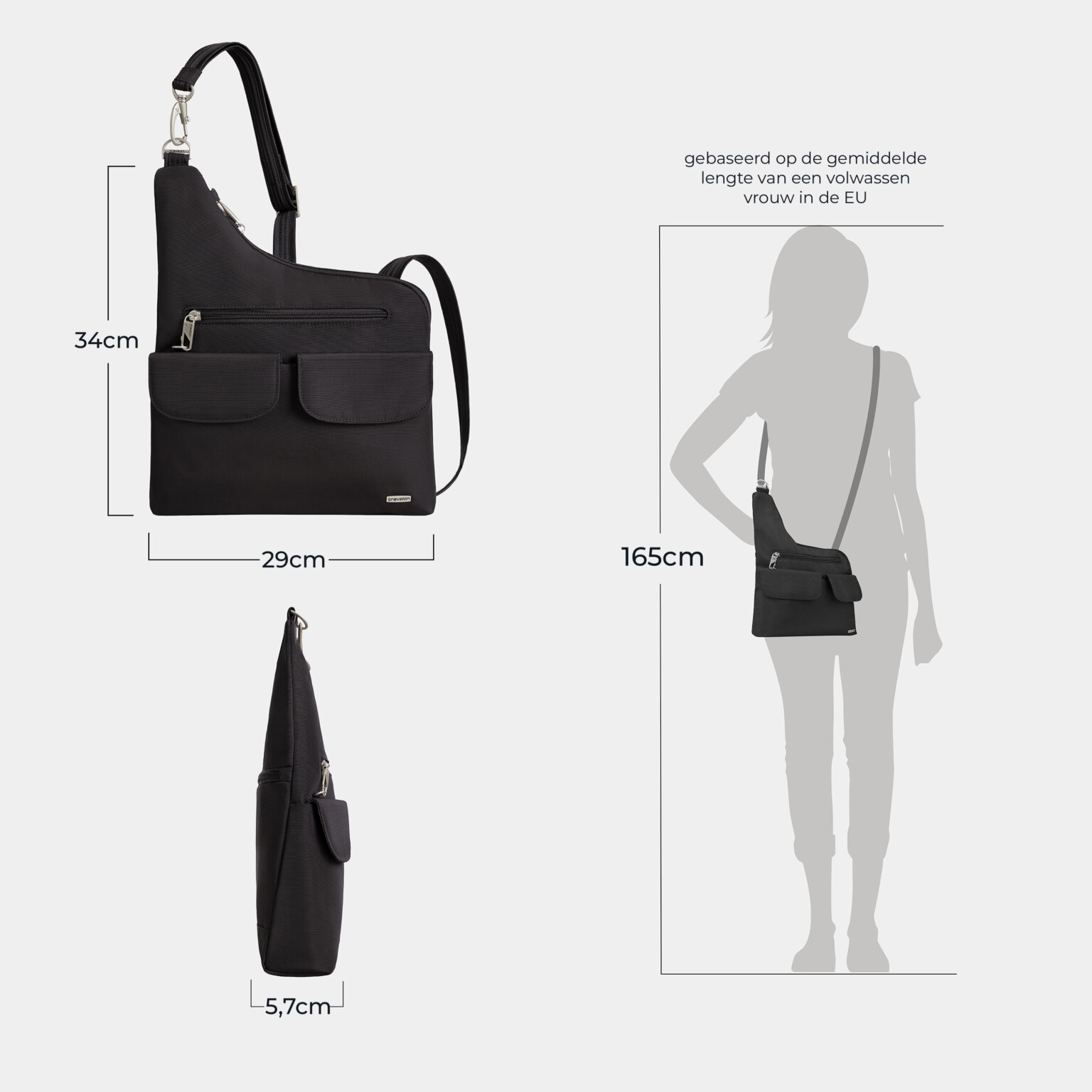 Maattekening van de Travelon Classic grote crossbody tas in zwart: 29 cm breed, 34 cm hoog en 5,7 cm diep