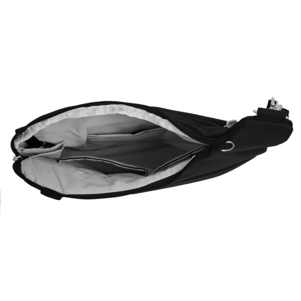 Open hoofdvak van de Travelon Classic grote crossbody tas in zwart met de grijze voering