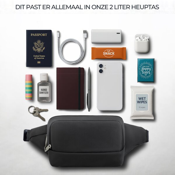 Overzicht van alles wat in de 2 liter Travelon Classic heuptas past