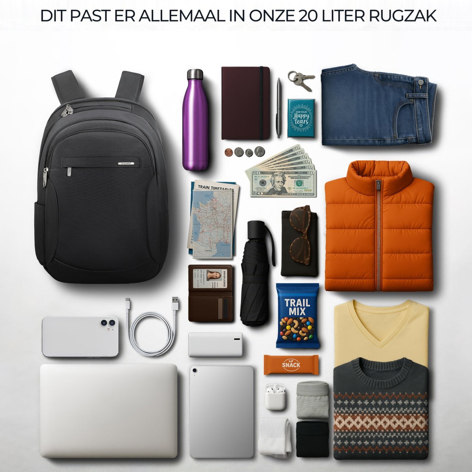 Overzicht van alles wat in de 20 liter Travelon Classic Journeys rugzak past
