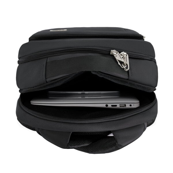 Laptopvak van de Travelon Classic Journeys rugzak in zwart met een laptop van 15,6 inch