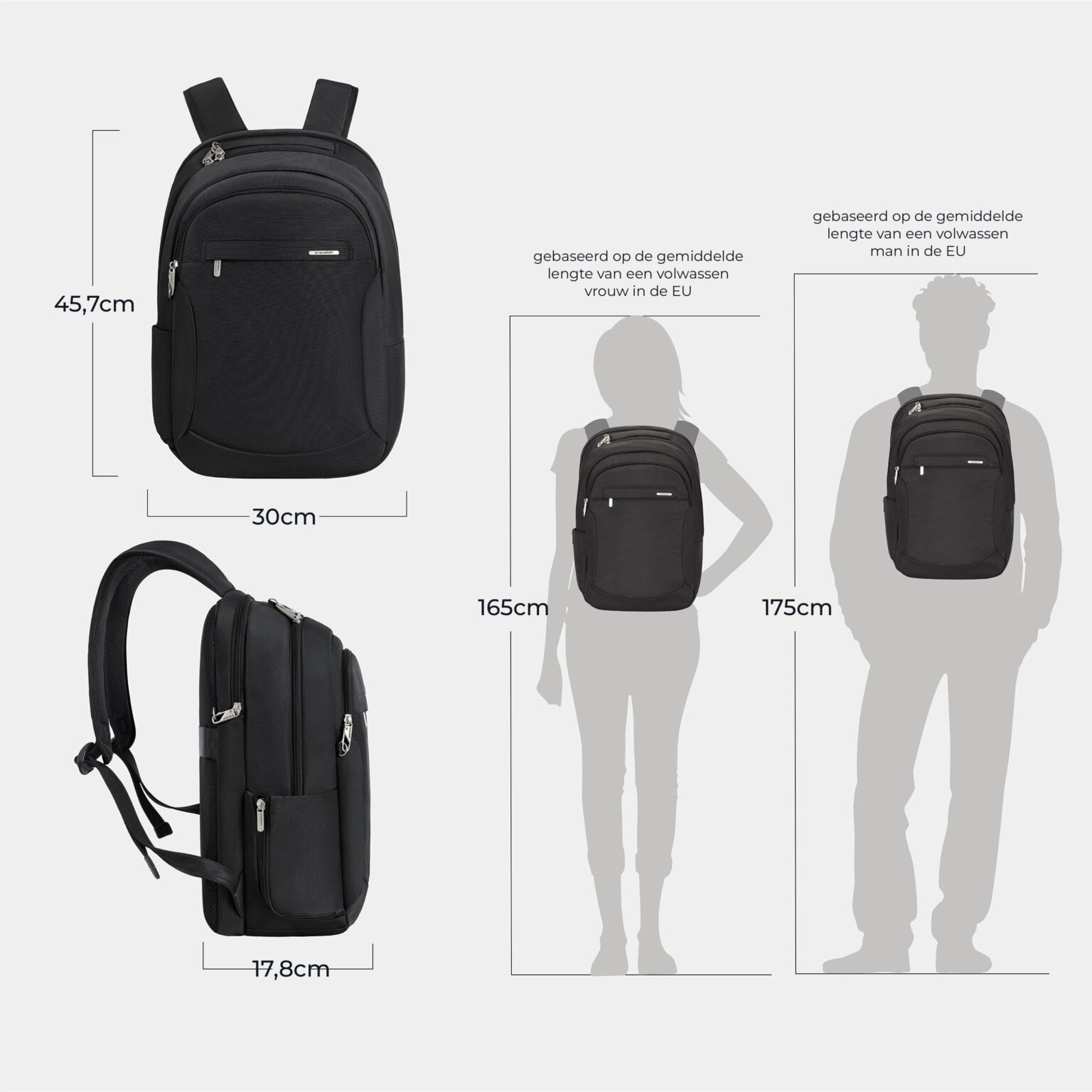 Maattekening van de Travelon Classic Journeys laptop rugzak in zwart: 30 cm breed, 45,7 cm hoog en 17,8 cm diep